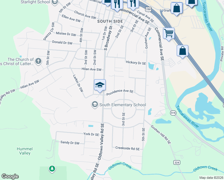 map of restaurants, bars, coffee shops, grocery stores, and more near 1161 South Broadway Street in New Philadelphia