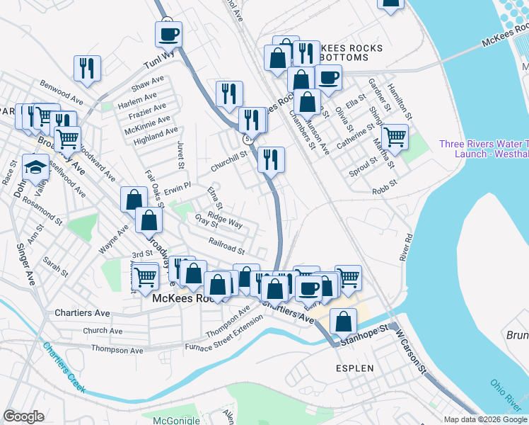 map of restaurants, bars, coffee shops, grocery stores, and more near 431 Alexander Street in McKees Rocks