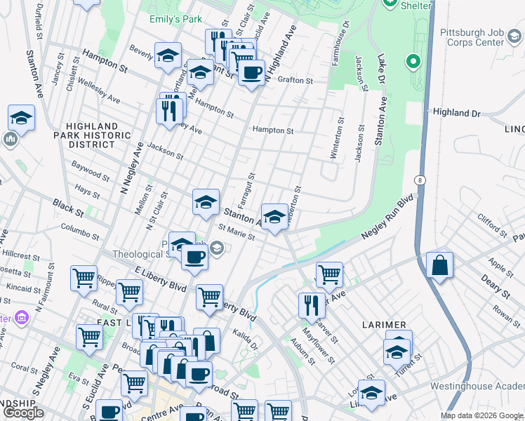 map of restaurants, bars, coffee shops, grocery stores, and more near 825 Sheridan Avenue in Pittsburgh