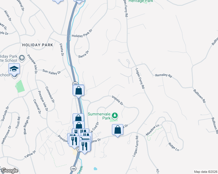 map of restaurants, bars, coffee shops, grocery stores, and more near 4611 Northridge Court in Murrysville