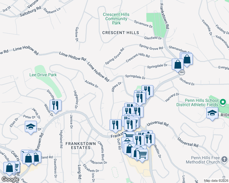 map of restaurants, bars, coffee shops, grocery stores, and more near 11740 Althea Drive in Pittsburgh