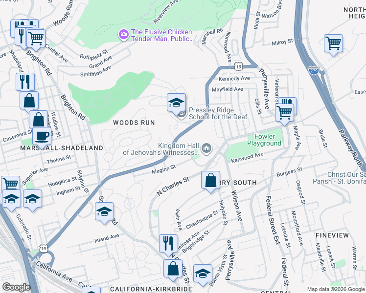 map of restaurants, bars, coffee shops, grocery stores, and more near 549 Marshall Avenue in Pittsburgh