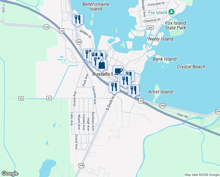map of restaurants, bars, coffee shops, grocery stores, and more near 309 Sunset Ave in Russells Point