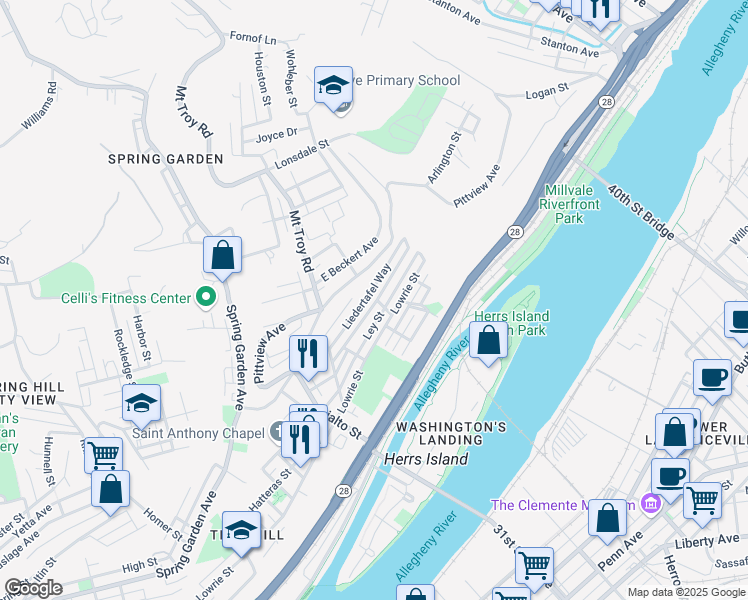 map of restaurants, bars, coffee shops, grocery stores, and more near 2058 Straubs Lane in Pittsburgh
