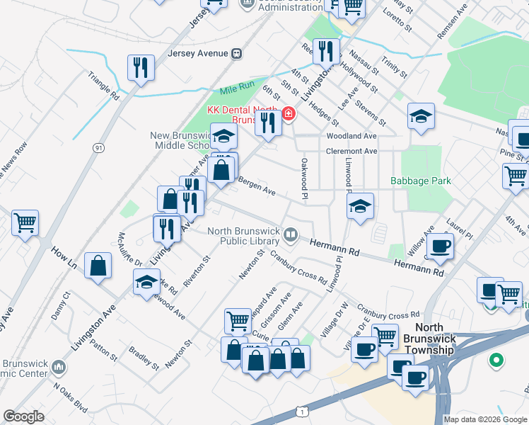 map of restaurants, bars, coffee shops, grocery stores, and more near 933 Hermann Road in North Brunswick Township