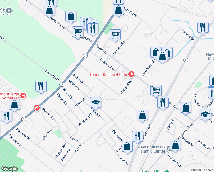 map of restaurants, bars, coffee shops, grocery stores, and more near 1375 Oaktree Drive in North Brunswick Township