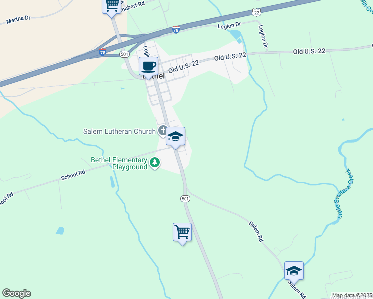 map of restaurants, bars, coffee shops, grocery stores, and more near 8395 Lancaster Avenue in Bethel