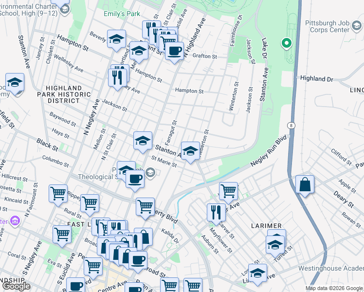map of restaurants, bars, coffee shops, grocery stores, and more near 825 Sheridan Avenue in Pittsburgh