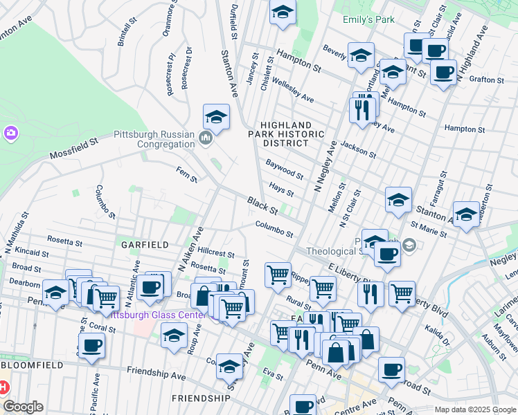 map of restaurants, bars, coffee shops, grocery stores, and more near 5463 Black Street in Pittsburgh