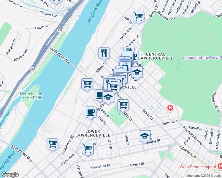map of restaurants, bars, coffee shops, grocery stores, and more near 182 41st Street in Pittsburgh