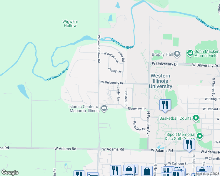 map of restaurants, bars, coffee shops, grocery stores, and more near 1530 West University Drive in Macomb