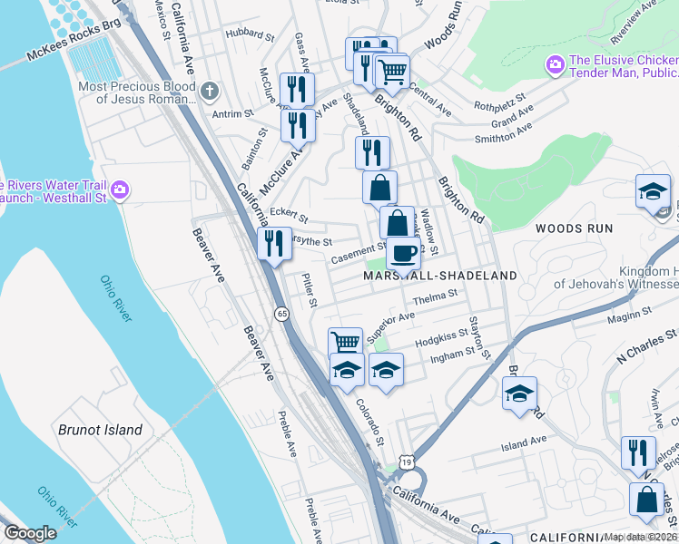 map of restaurants, bars, coffee shops, grocery stores, and more near 1412 Evandale Road in Pittsburgh