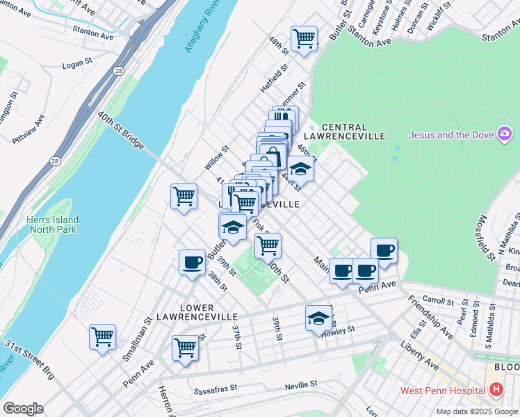 map of restaurants, bars, coffee shops, grocery stores, and more near in Pittsburgh