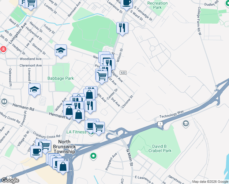 map of restaurants, bars, coffee shops, grocery stores, and more near Center Street & 2nd Avenue in North Brunswick