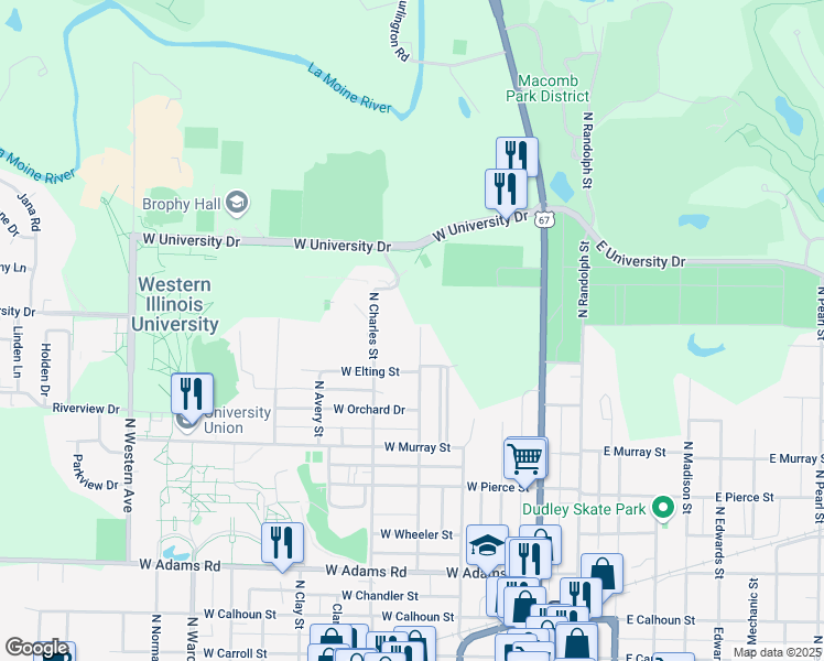 map of restaurants, bars, coffee shops, grocery stores, and more near 930 North Albert Street in Macomb