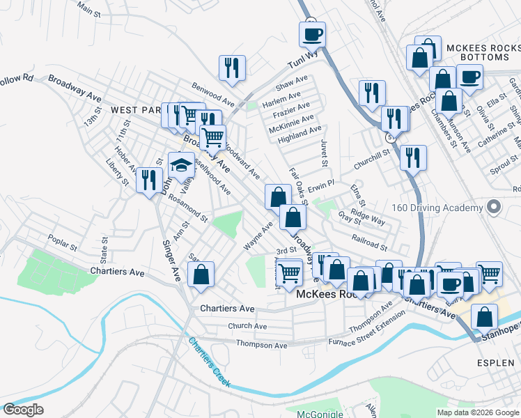 map of restaurants, bars, coffee shops, grocery stores, and more near 512 Broadway Avenue in McKees Rocks