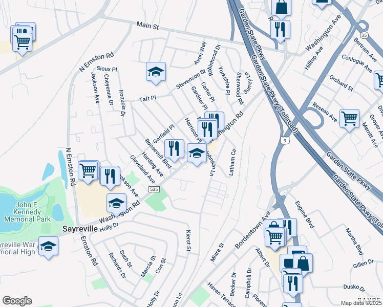 map of restaurants, bars, coffee shops, grocery stores, and more near 3267 Washington Road in Sayreville
