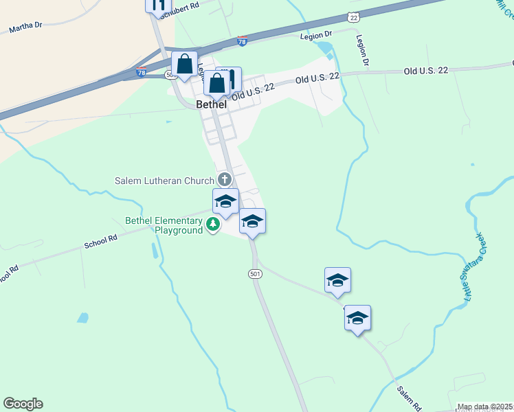 map of restaurants, bars, coffee shops, grocery stores, and more near 8395 Lancaster Avenue in Bethel