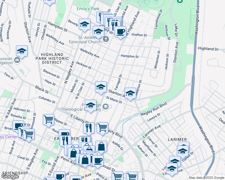 map of restaurants, bars, coffee shops, grocery stores, and more near 6023 Stanton Avenue in Pittsburgh