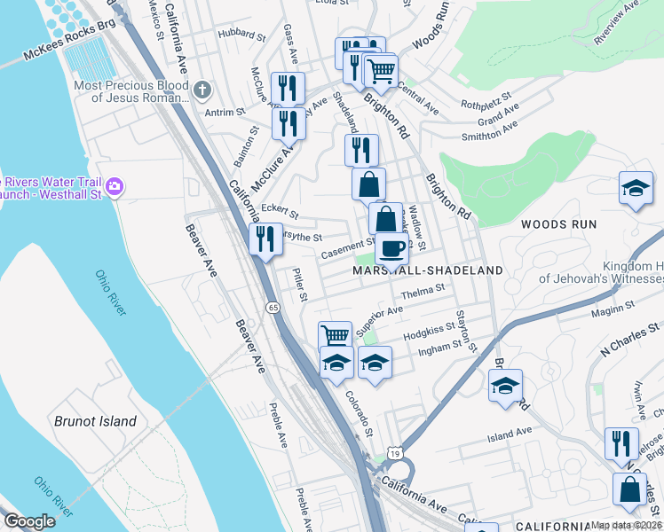 map of restaurants, bars, coffee shops, grocery stores, and more near 1412 Evandale Road in Pittsburgh