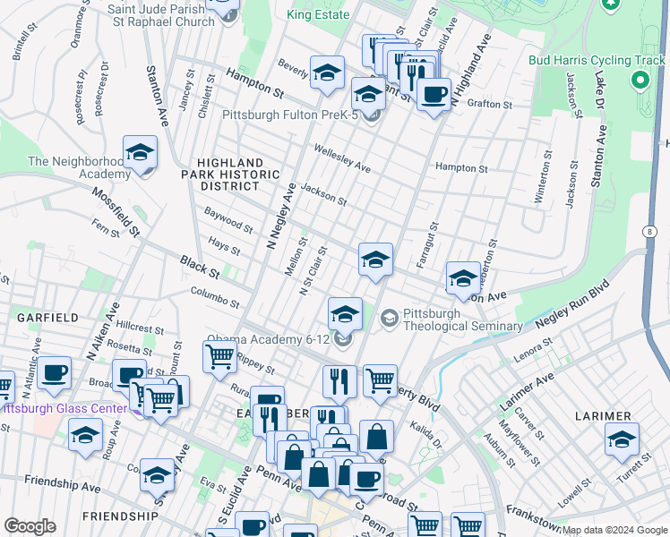 map of restaurants, bars, coffee shops, grocery stores, and more near 725 North Euclid Avenue in Pittsburgh