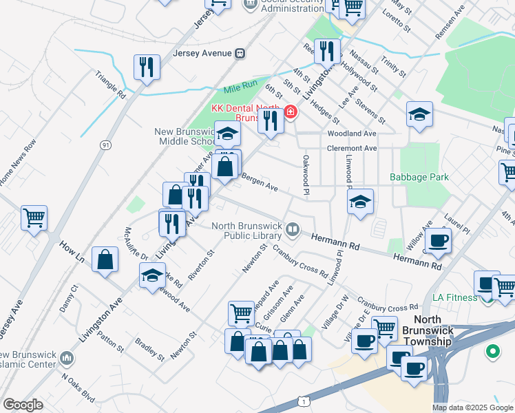 map of restaurants, bars, coffee shops, grocery stores, and more near 933 Hermann Road in North Brunswick Township