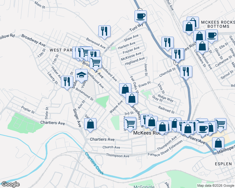 map of restaurants, bars, coffee shops, grocery stores, and more near 505 Broadway Avenue in McKees Rocks