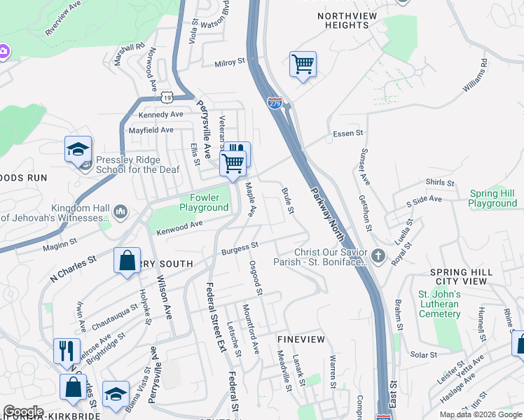 map of restaurants, bars, coffee shops, grocery stores, and more near 2504 Maple Avenue in Pittsburgh