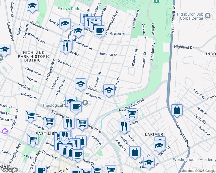 map of restaurants, bars, coffee shops, grocery stores, and more near 821 Collins Street in Pittsburgh