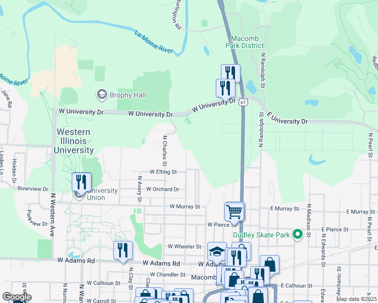 map of restaurants, bars, coffee shops, grocery stores, and more near 933 North Albert Street in Macomb
