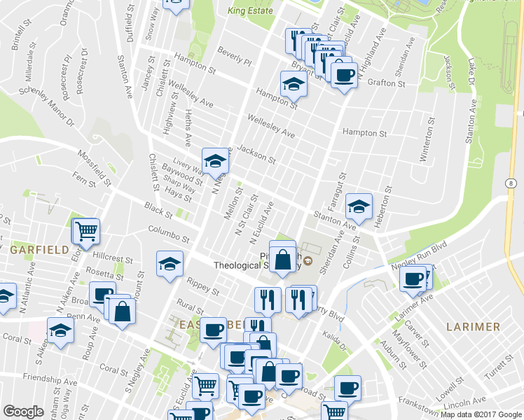 map of restaurants, bars, coffee shops, grocery stores, and more near 739 North Saint Clair Street in Pittsburgh