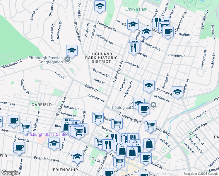 map of restaurants, bars, coffee shops, grocery stores, and more near 701 North Negley Avenue in Pittsburgh