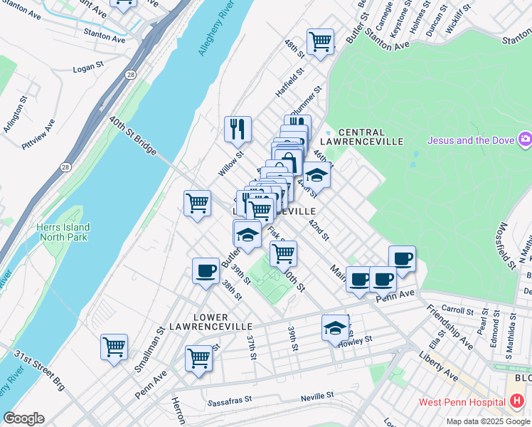 map of restaurants, bars, coffee shops, grocery stores, and more near 182 41st Street in Pittsburgh