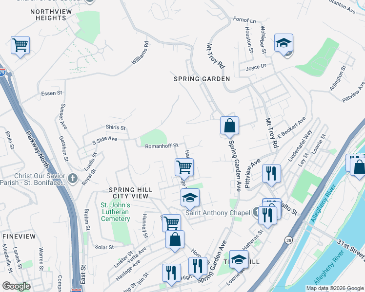 map of restaurants, bars, coffee shops, grocery stores, and more near 1410 Romanhoff Street in Pittsburgh