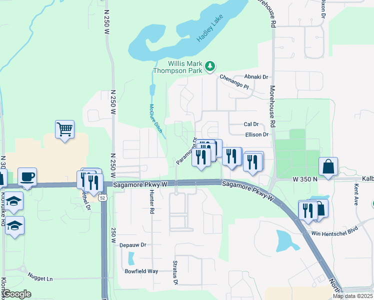 map of restaurants, bars, coffee shops, grocery stores, and more near 2109 Malibu Drive in West Lafayette
