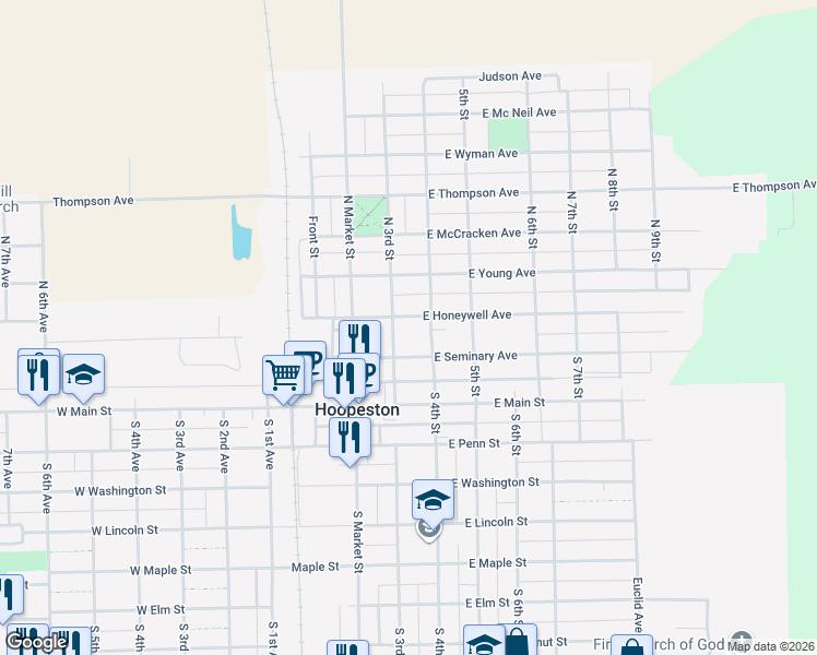 map of restaurants, bars, coffee shops, grocery stores, and more near 426 East Honeywell Avenue in Hoopeston