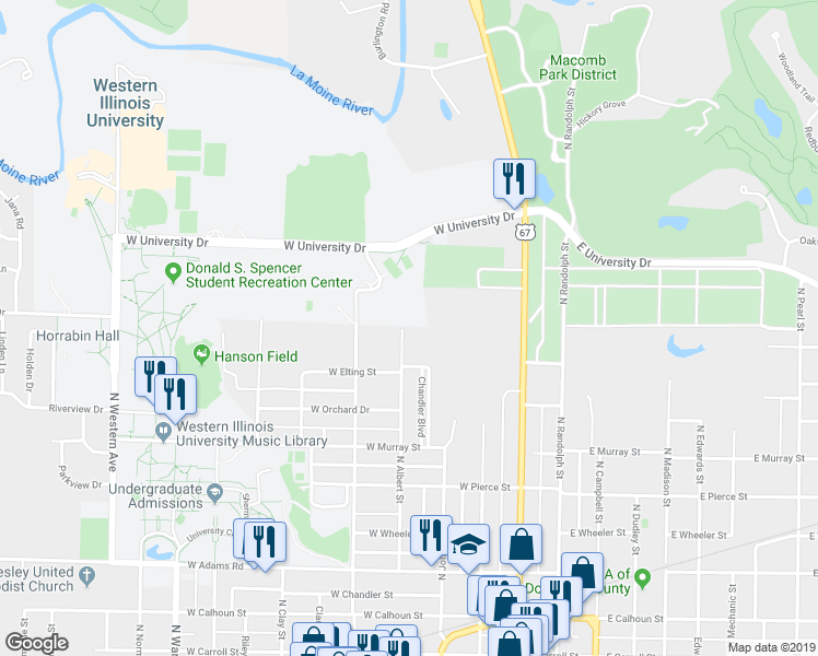 map of restaurants, bars, coffee shops, grocery stores, and more near 930 North Albert Street in Macomb