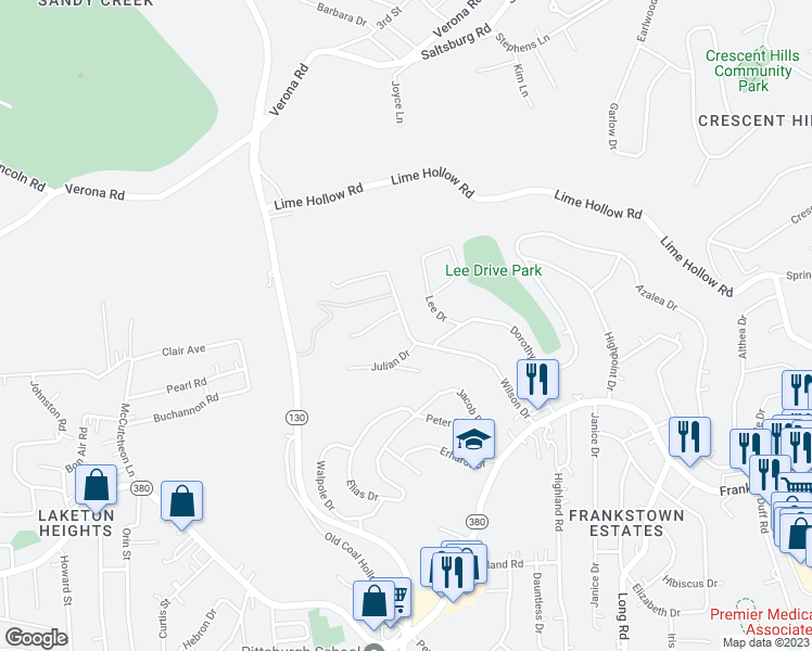 map of restaurants, bars, coffee shops, grocery stores, and more near 424 Wilson Drive in Pittsburgh