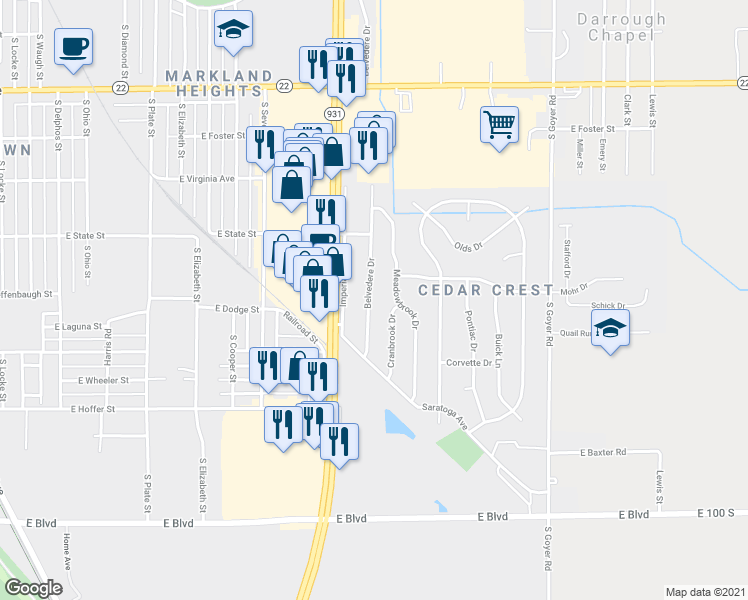 map of restaurants, bars, coffee shops, grocery stores, and more near 1416 Belvedere Drive in Kokomo