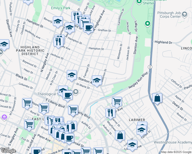 map of restaurants, bars, coffee shops, grocery stores, and more near 823 Collins Street in Pittsburgh