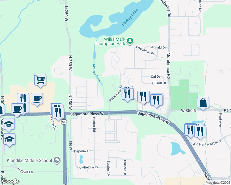 map of restaurants, bars, coffee shops, grocery stores, and more near 2109 Malibu Drive in West Lafayette