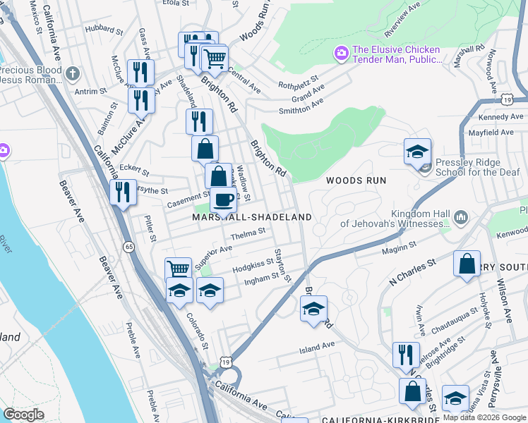 map of restaurants, bars, coffee shops, grocery stores, and more near 1202 Woodland Avenue in Pittsburgh