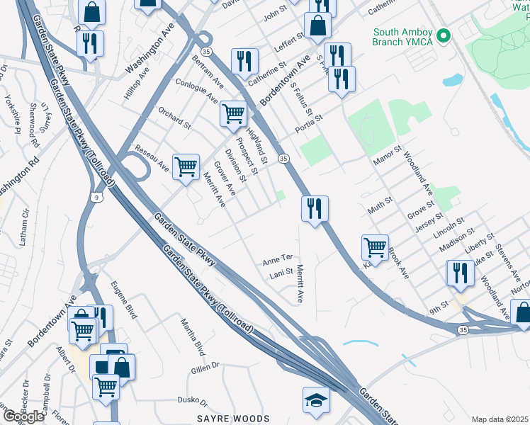 map of restaurants, bars, coffee shops, grocery stores, and more near 12 Evelyn Terrace in South Amboy