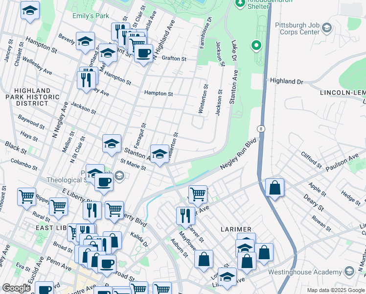 map of restaurants, bars, coffee shops, grocery stores, and more near 6316 Jackson Street in Pittsburgh