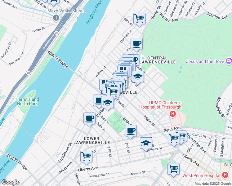 map of restaurants, bars, coffee shops, grocery stores, and more near 4101 Butler Street in Pittsburgh