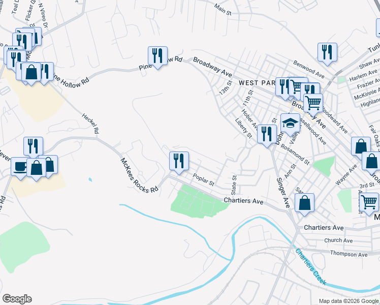 map of restaurants, bars, coffee shops, grocery stores, and more near 249 Hickory Street in McKees Rocks