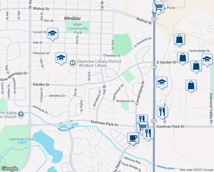 map of restaurants, bars, coffee shops, grocery stores, and more near 17 Orchid Court in Windsor