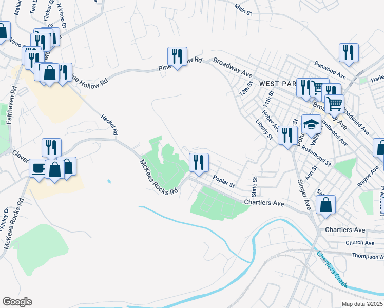 map of restaurants, bars, coffee shops, grocery stores, and more near 143 Rose Alley in McKees Rocks