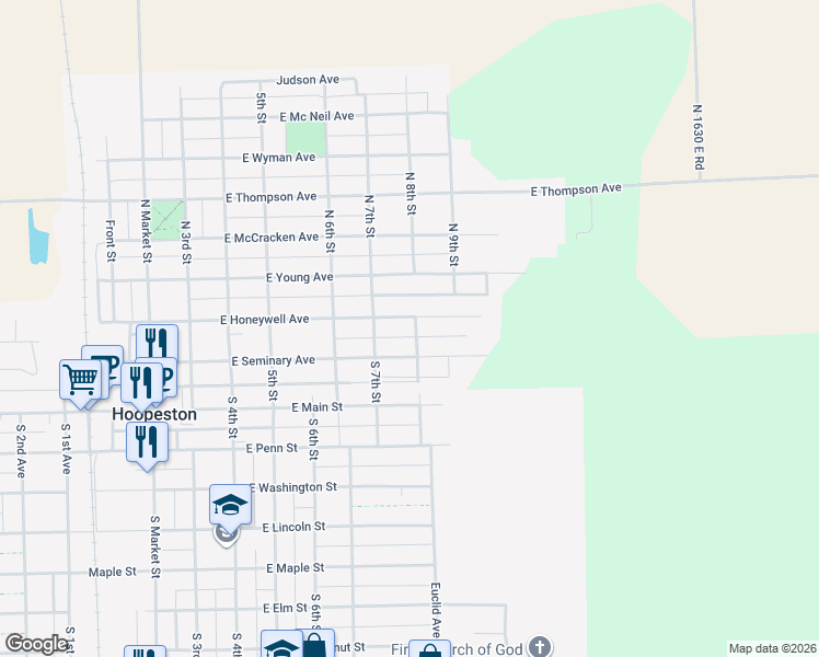 map of restaurants, bars, coffee shops, grocery stores, and more near 827 East Honeywell Avenue in Hoopeston