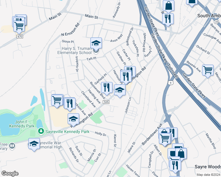 map of restaurants, bars, coffee shops, grocery stores, and more near 21 Buchanan Avenue in Sayreville